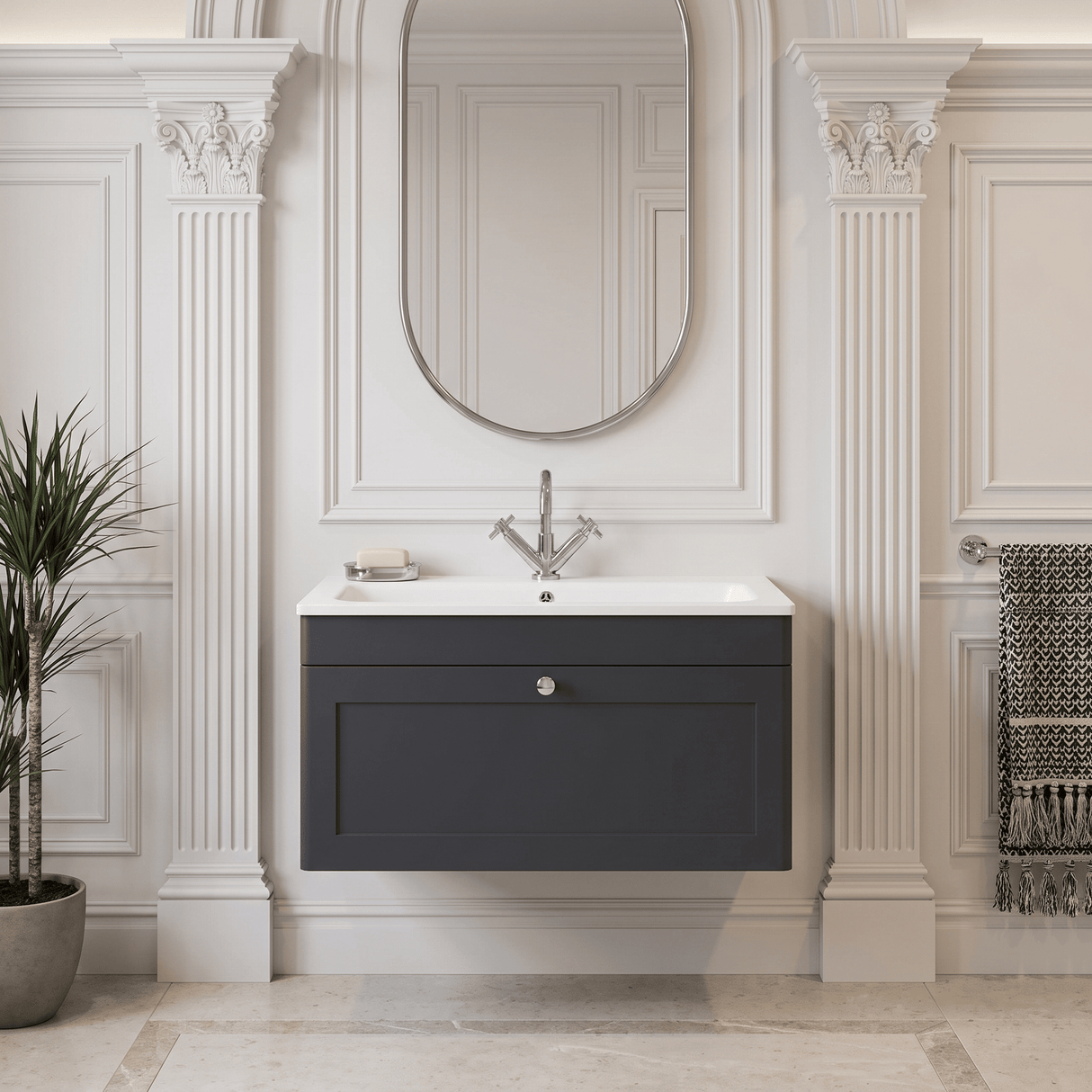 [BFCL1496P] Swynnerton Traditional 1 Drawer Wall Hung Vanity Basin Unit with 1 Tap Hole Stone Basin, Choice of Size and Colour - Silo