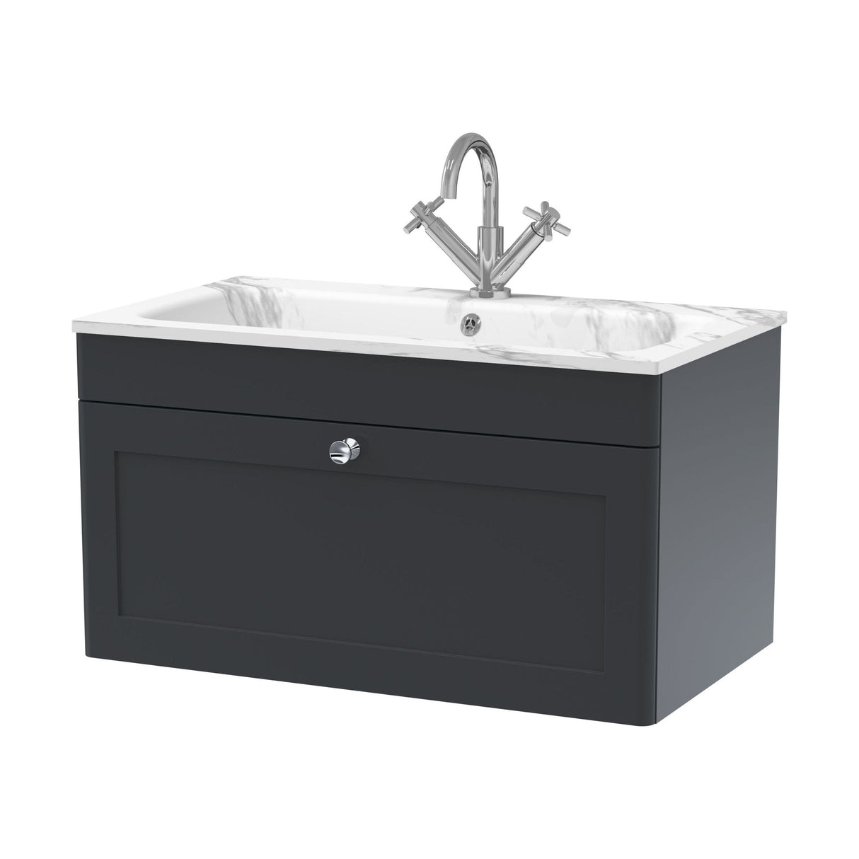 [BFCL1496Q] Swynnerton Traditional 1 Drawer Wall Hung Vanity Basin Unit with 1 Tap Hole Marble Effect Stone Basin, Choice of Size and Colour - Cutout