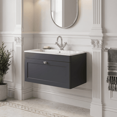 [BFCL1496Q] Swynnerton Traditional 1 Drawer Wall Hung Vanity Basin Unit with 1 Tap Hole Marble Effect Stone Basin, Choice of Size and Colour