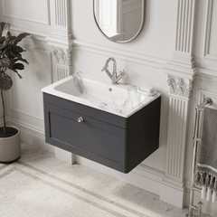 [BFCL1496Q] Swynnerton Traditional 1 Drawer Wall Hung Vanity Basin Unit with 1 Tap Hole Marble Effect Stone Basin, Choice of Size and Colour