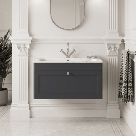 [BFCL1496Q] Swynnerton Traditional 1 Drawer Wall Hung Vanity Basin Unit with 1 Tap Hole Marble Effect Stone Basin, Choice of Size and Colour - Silo