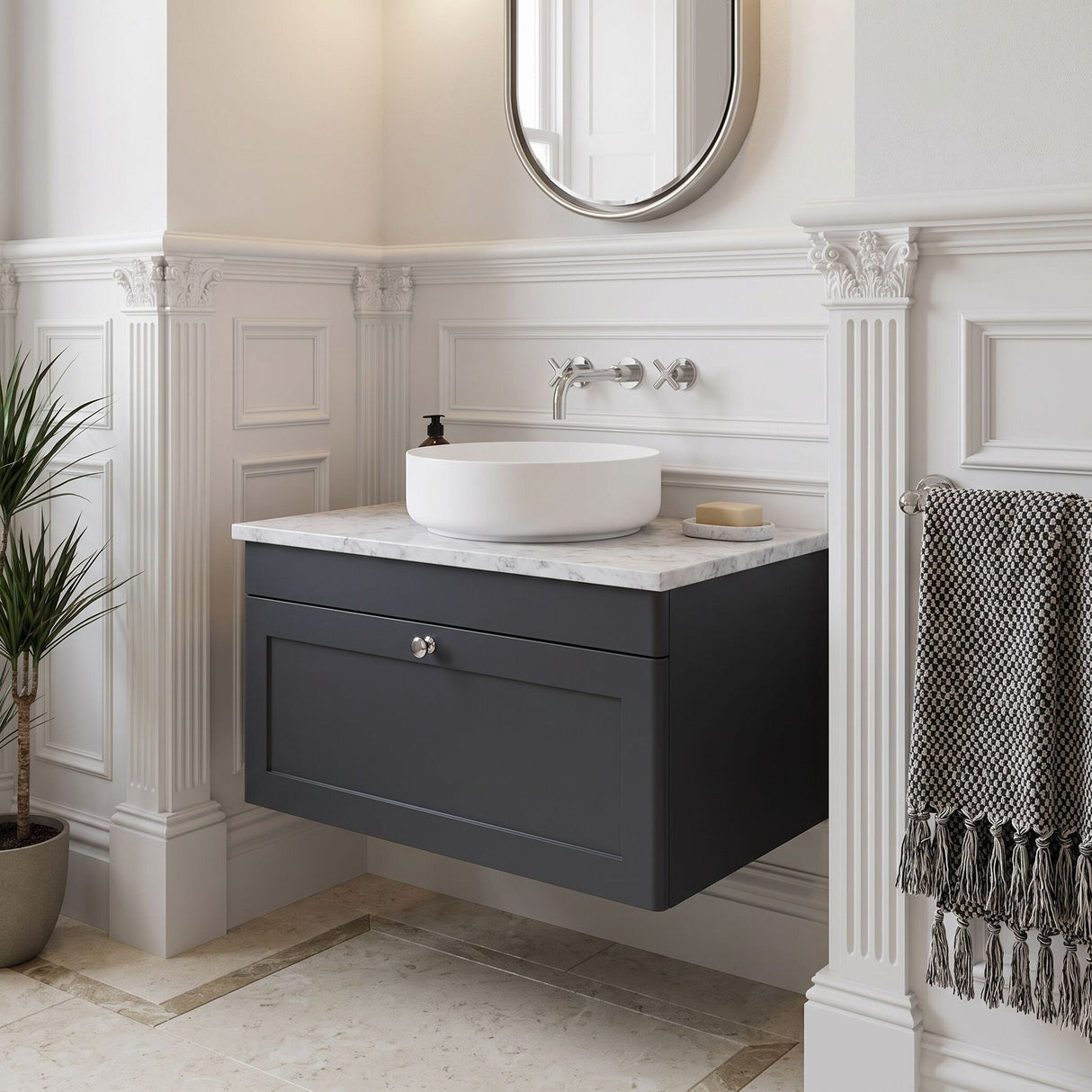 [BFCL1496WMT] Swynnerton Traditional 1 Drawer Wall Hung Vanity Unit with White Marble Worktop, Choice of Size and Colour