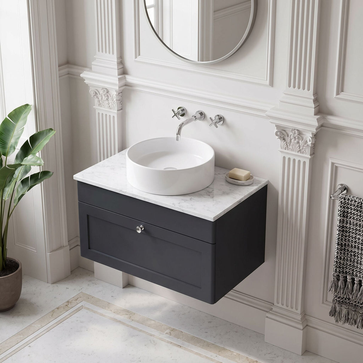 [BFCL1496WMT] Swynnerton Traditional 1 Drawer Wall Hung Vanity Unit with White Marble Worktop, Choice of Size and Colour