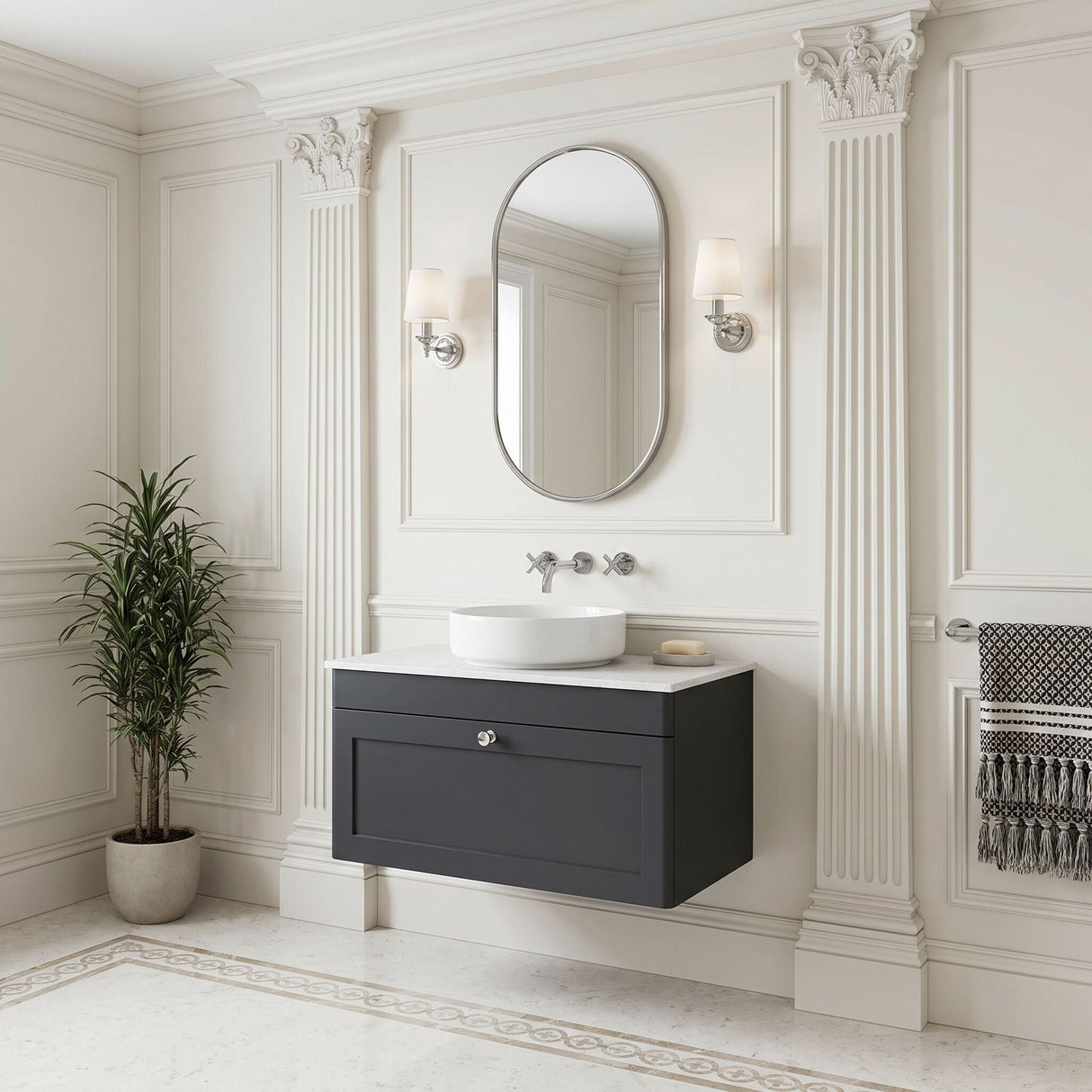 [BFCL1496WMT] Swynnerton Traditional 1 Drawer Wall Hung Vanity Unit with White Marble Worktop, Choice of Size and Colour