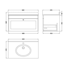 [BFCL1496WR1] Swynnerton Traditional 1 Drawer Wall Hung Vanity Basin Unit with 1 Tap Hole White Marble Worktop and Basin, Choice of Size and Colour - Technical Drawing