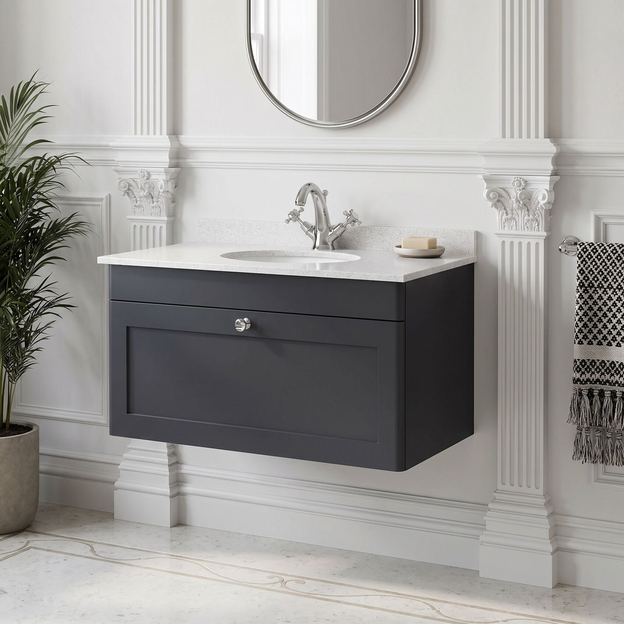 [BFCL1496WR1] Swynnerton Traditional 1 Drawer Wall Hung Vanity Basin Unit with 1 Tap Hole White Marble Worktop and Basin, Choice of Size and Colour
