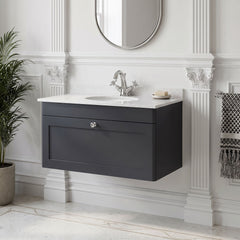 [BFCL1496WR1] Swynnerton Traditional 1 Drawer Wall Hung Vanity Basin Unit with 1 Tap Hole White Marble Worktop and Basin, Choice of Size and Colour