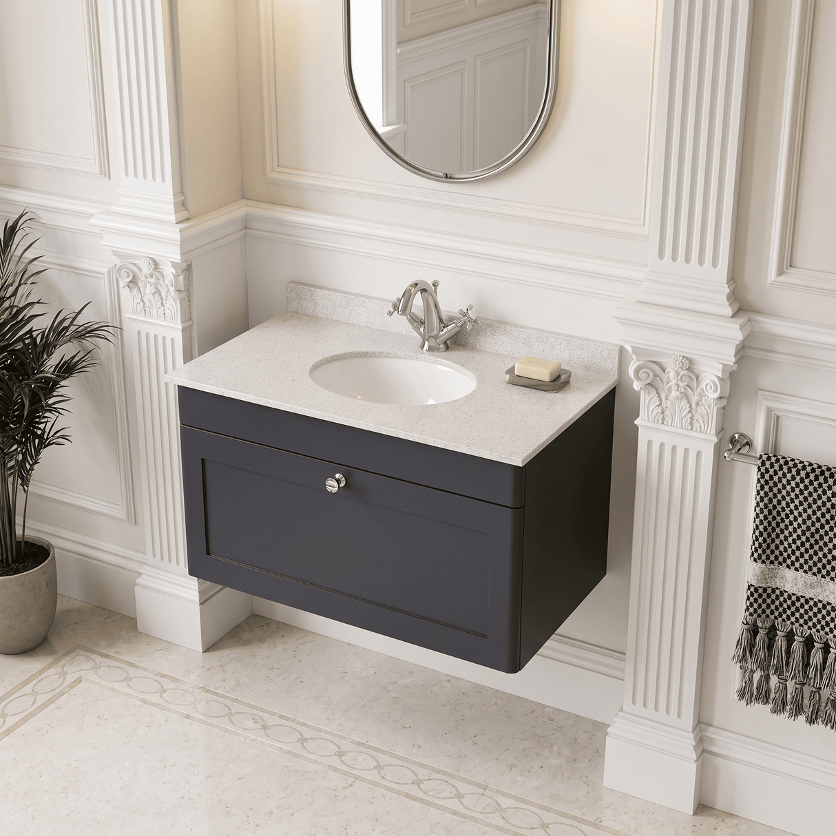 [BFCL1496WR1] Swynnerton Traditional 1 Drawer Wall Hung Vanity Basin Unit with 1 Tap Hole White Marble Worktop and Basin, Choice of Size and Colour