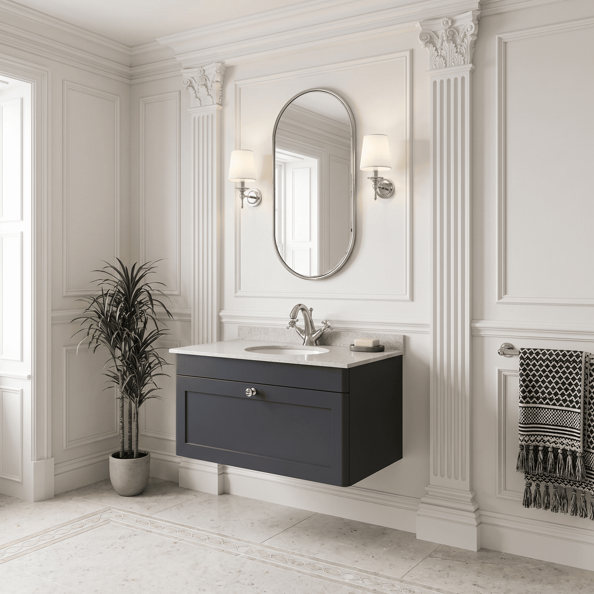 [BFCL1496WR1] Swynnerton Traditional 1 Drawer Wall Hung Vanity Basin Unit with 1 Tap Hole White Marble Worktop and Basin, Choice of Size and Colour