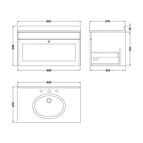 [BFCL1496WR3] Swynnerton Traditional 1 Drawer Wall Hung Vanity Unit with Marble Basin, Dark Grey, 800mm - Technical Drawing