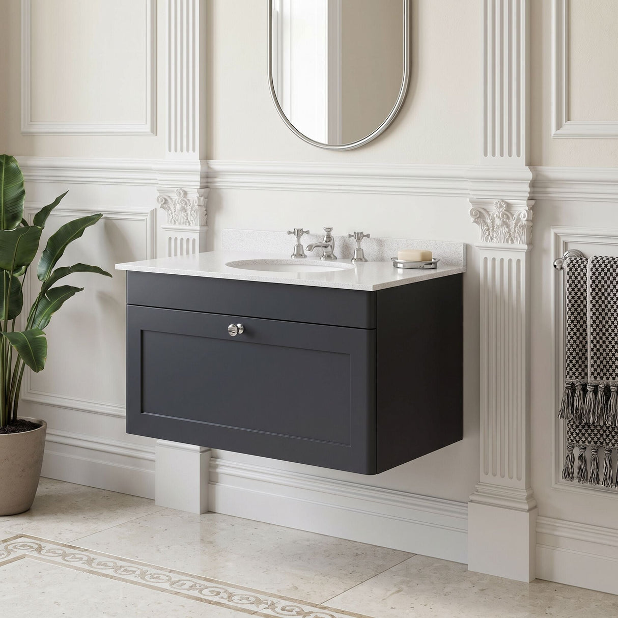 [BFCL1496WR3] Swynnerton Traditional 1 Drawer Wall Hung Vanity Basin Unit with 3 Tap Hole White Marble Worktop and Basin, Choice of Size and Colour