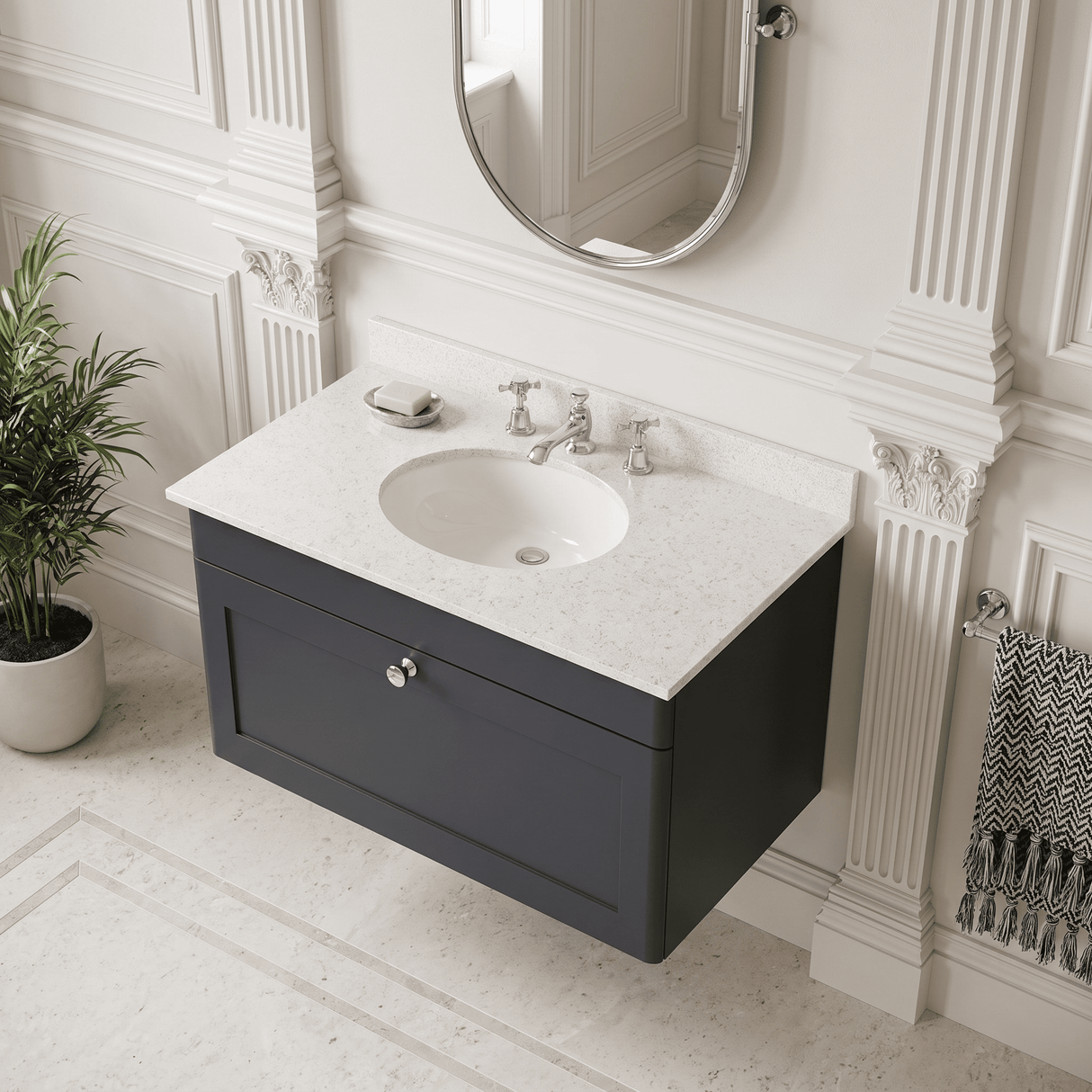 [BFCL1496WR3] Swynnerton Traditional 1 Drawer Wall Hung Vanity Basin Unit with 3 Tap Hole White Marble Worktop and Basin, Choice of Size and Colour
