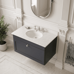 [BFCL1496WR3] Swynnerton Traditional 1 Drawer Wall Hung Vanity Basin Unit with 3 Tap Hole White Marble Worktop and Basin, Choice of Size and Colour