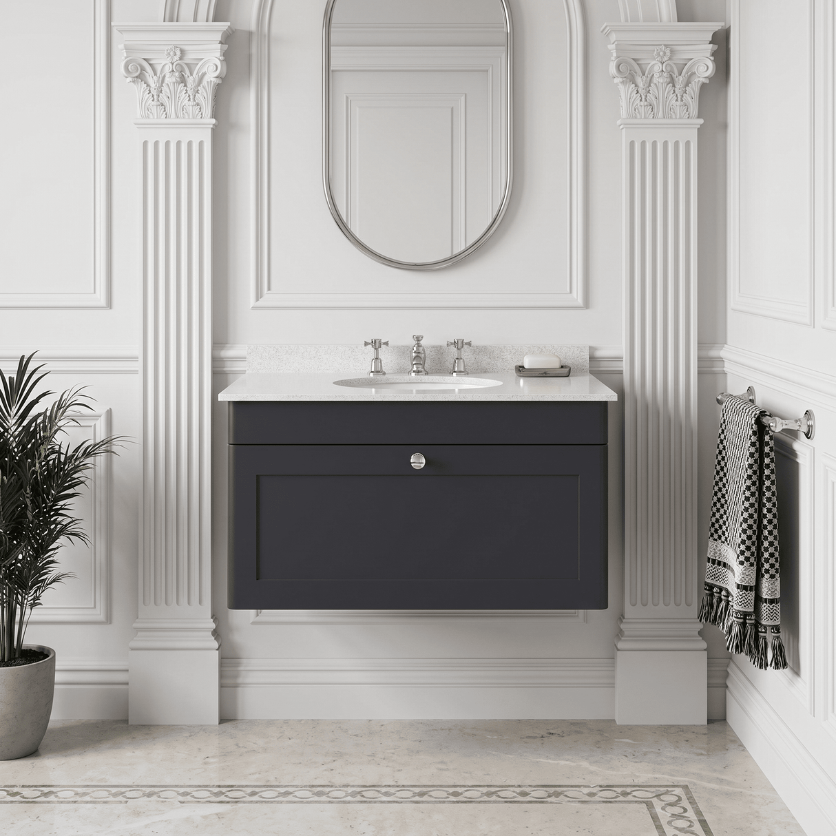 [BFCL1496WR3] Swynnerton Traditional 1 Drawer Wall Hung Vanity Basin Unit with 3 Tap Hole White Marble Worktop and Basin, Choice of Size and Colour - Silo