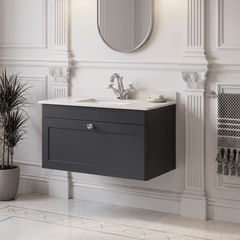 [BFCL1496WS1] Swynnerton Traditional 1 Drawer Wall Hung Vanity Basin Unit with 1 Tap Hole White Marble Worktop and Square Basin, Choice of Size and Colour