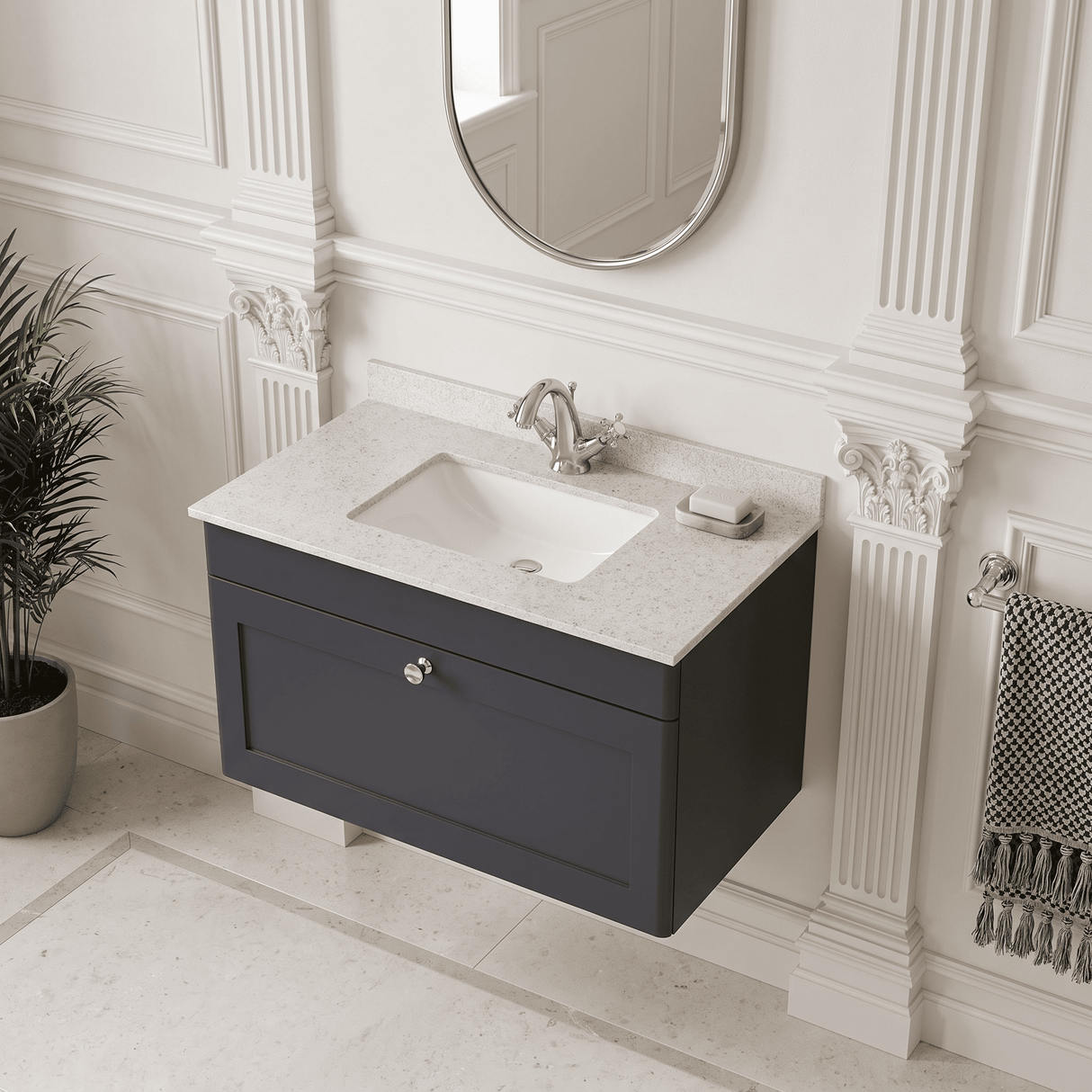 [BFCL1496WS1] Swynnerton Traditional 1 Drawer Wall Hung Vanity Basin Unit with 1 Tap Hole White Marble Worktop and Square Basin, Choice of Size and Colour