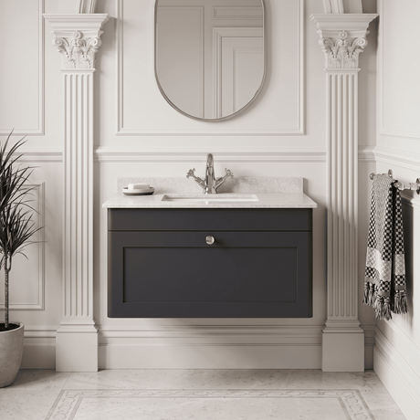 [BFCL1496WS1] Swynnerton Traditional 1 Drawer Wall Hung Vanity Basin Unit with 1 Tap Hole White Marble Worktop and Square Basin, Choice of Size and Colour - Silo