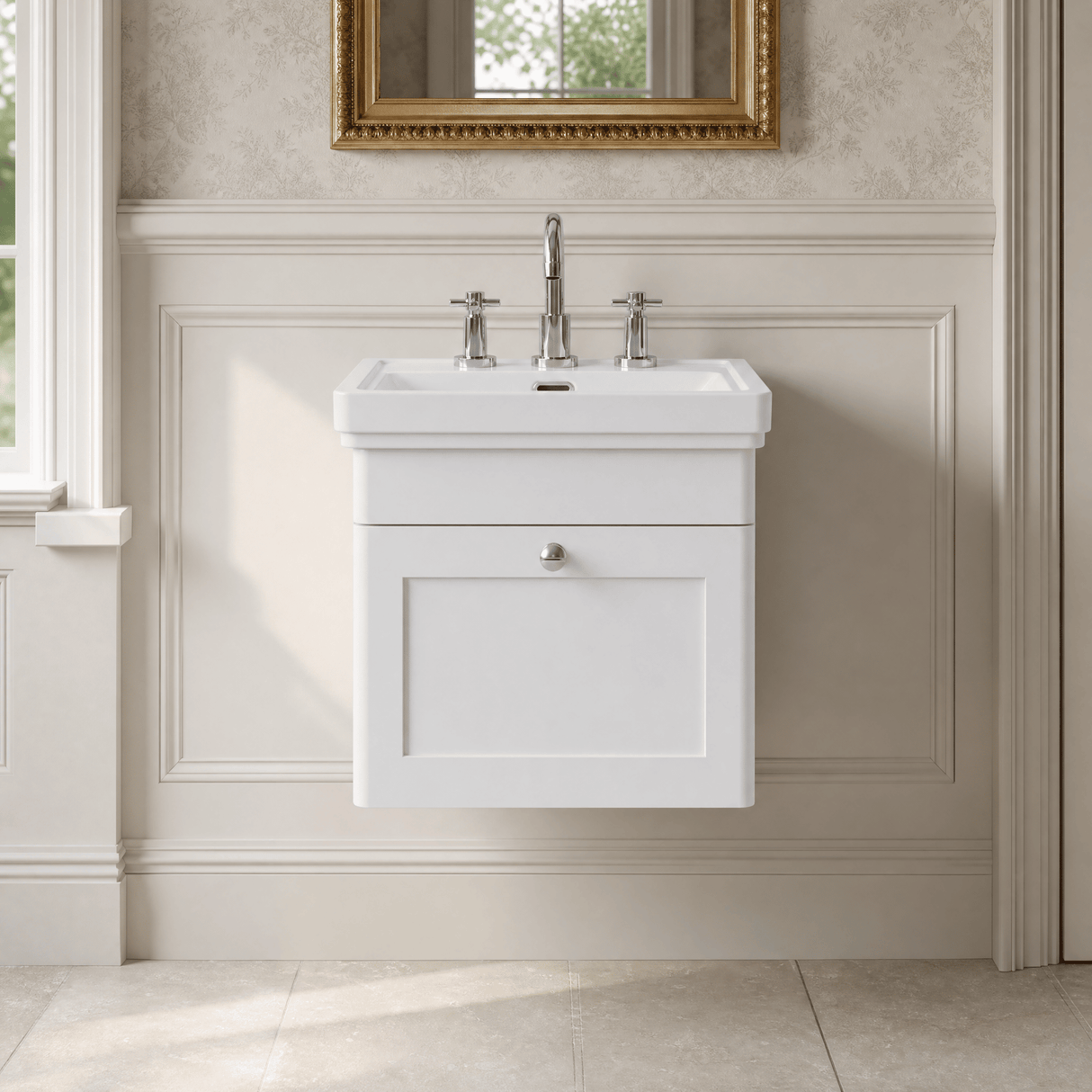 [BFCL191B] Swynnerton Traditional 1 Drawer Wall Hung Vanity Basin Unit with 3 Tap Hole Traditional Fireclay Basin, Choice of Size and Colour