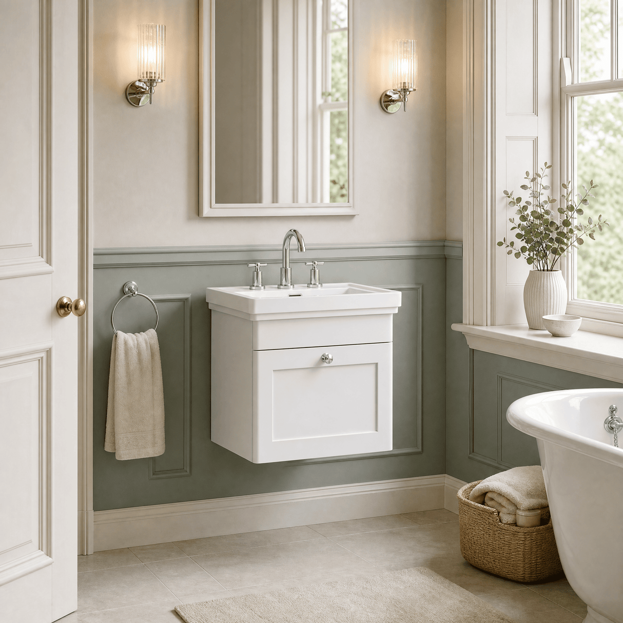 [BFCL191B] Swynnerton Traditional 1 Drawer Wall Hung Vanity Basin Unit with 3 Tap Hole Traditional Fireclay Basin, Choice of Size and Colour