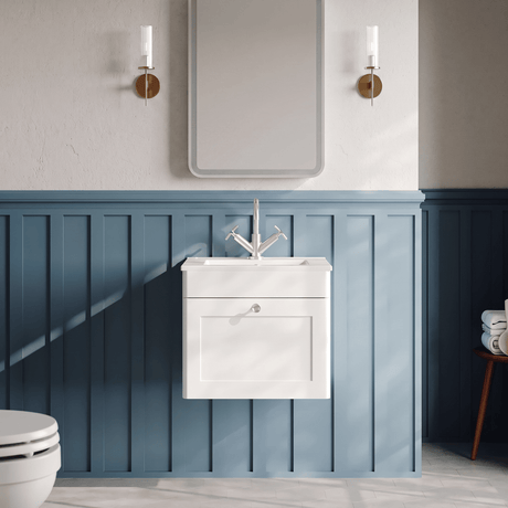 [BFCL191C] Swynnerton Traditional 1 Drawer Wall Hung Vanity Basin Unit with 1 Tap Hole Minimalist Ceramic Basin, Choice of Size and Colour - Silo