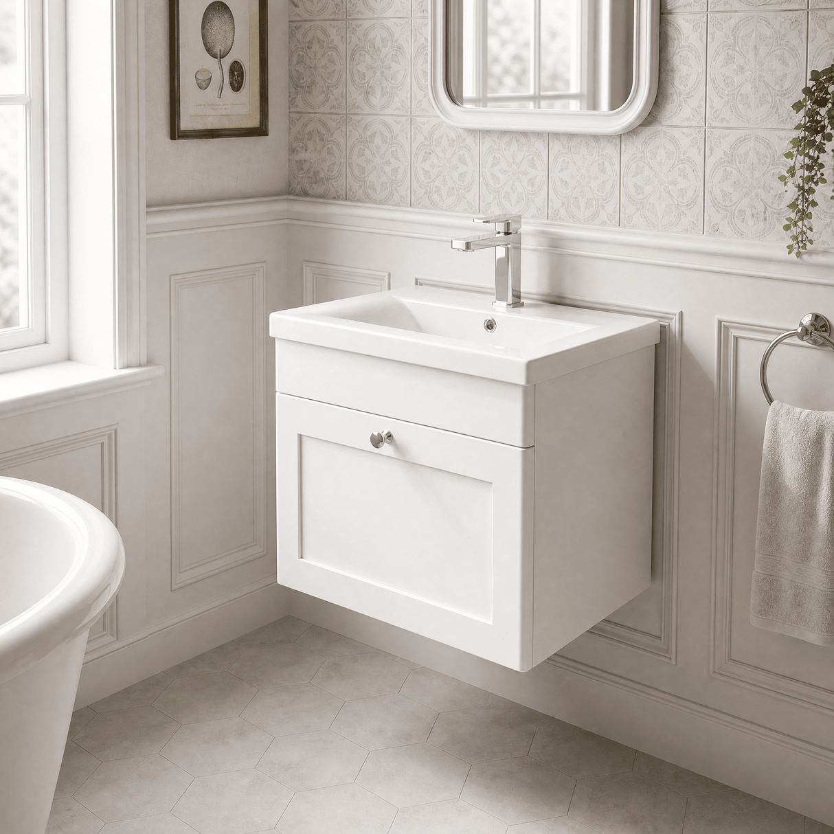 [BFCL191D] Swynnerton Traditional 1 Drawer Wall Hung Vanity Unit with Mid-Edge Basin, 500mm, Choice of Colour