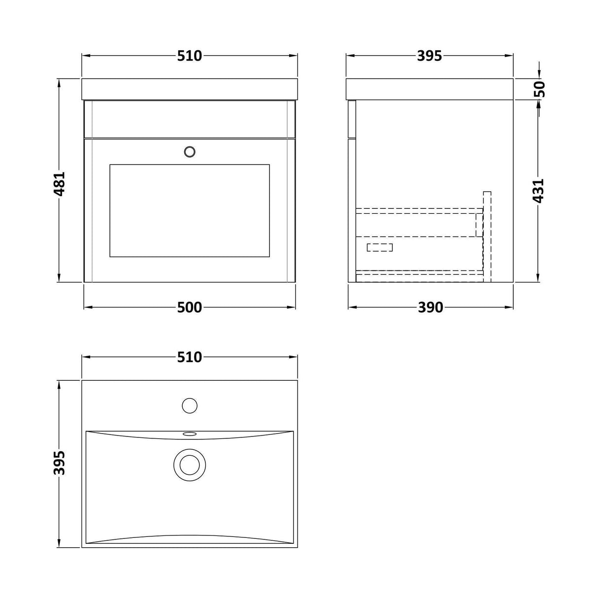 [BFCL191E] Swynnerton Traditional 1 Drawer Wall Hung Vanity Unit with Thin Edge Basin, Choice of Size and Colour - Technical Drawing