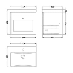 [BFCL191E] Swynnerton Traditional 1 Drawer Wall Hung Vanity Unit with Thin Edge Basin, Choice of Size and Colour - Technical Drawing