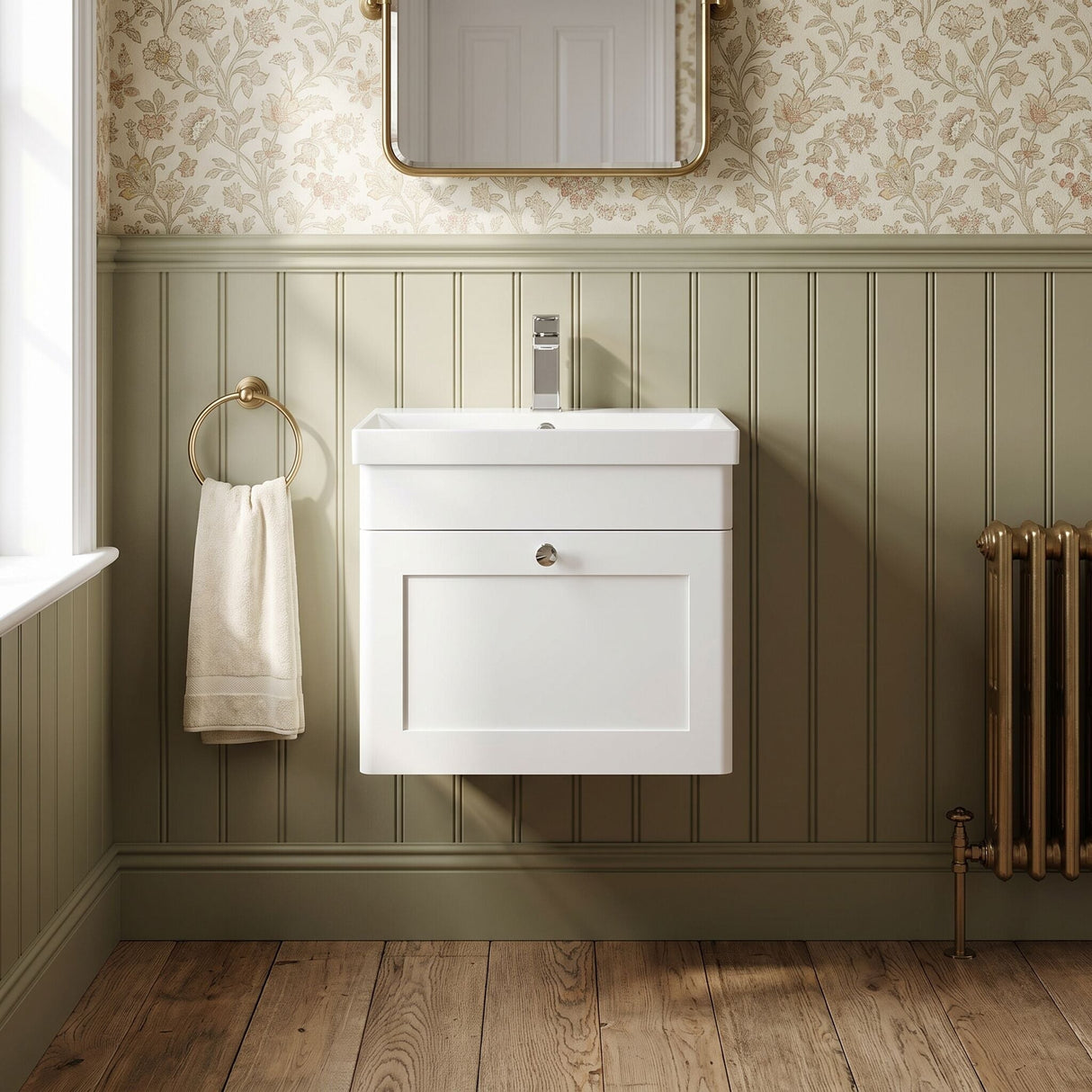[BFCL191E] Swynnerton Traditional 1 Drawer Wall Hung Vanity Unit with Thin Edge Basin, Choice of Size and Colour