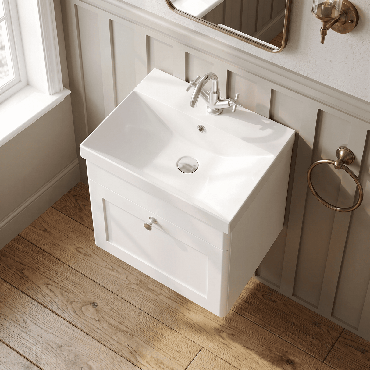 [BFCL191E] Swynnerton Traditional 1 Drawer Wall Hung Vanity Unit with Thin Edge Basin, Choice of Size and Colour