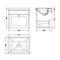 [BFCL191H] Swynnerton Traditional 1 Drawer Wall Hung Vanity Unit with 0 Tap Hole Traditional Fireclay Basin, Choice of Size and Colour - Technical Drawing