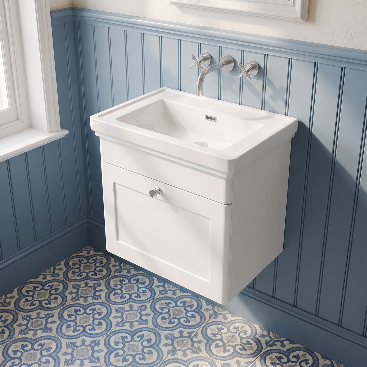 [BFCL191H] Swynnerton Traditional 1 Drawer Wall Hung Vanity Unit with 0 Tap Hole Traditional Fireclay Basin, Choice of Size and Colour