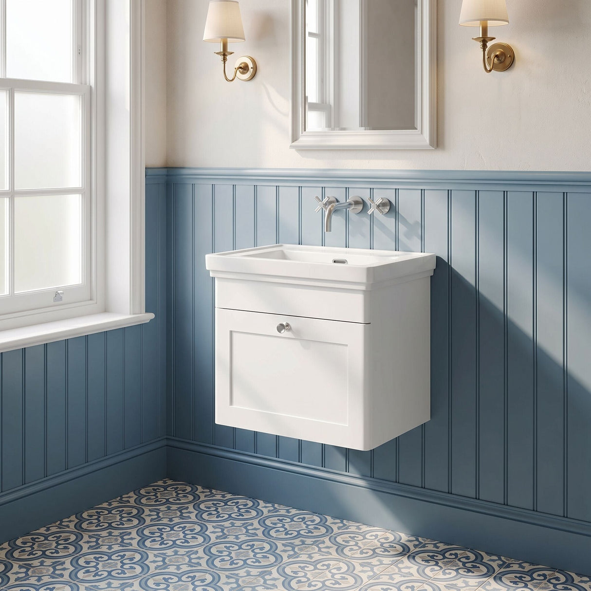 [BFCL191H] Swynnerton Traditional 1 Drawer Wall Hung Vanity Unit with 0 Tap Hole Traditional Fireclay Basin, Choice of Size and Colour