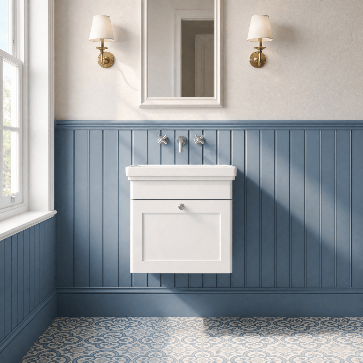 [BFCL191H] Swynnerton Traditional 1 Drawer Wall Hung Vanity Unit with 0 Tap Hole Traditional Fireclay Basin, Choice of Size and Colour - Silo