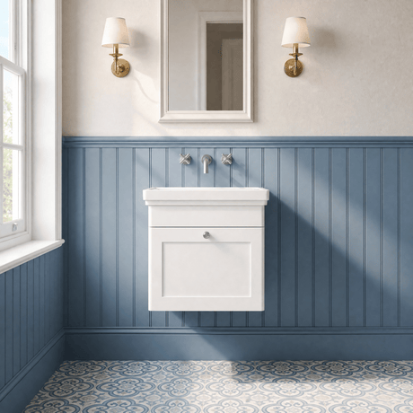 [BFCL191H] Swynnerton Traditional 1 Drawer Wall Hung Vanity Unit with 0 Tap Hole Traditional Fireclay Basin, Choice of Size and Colour - Silo