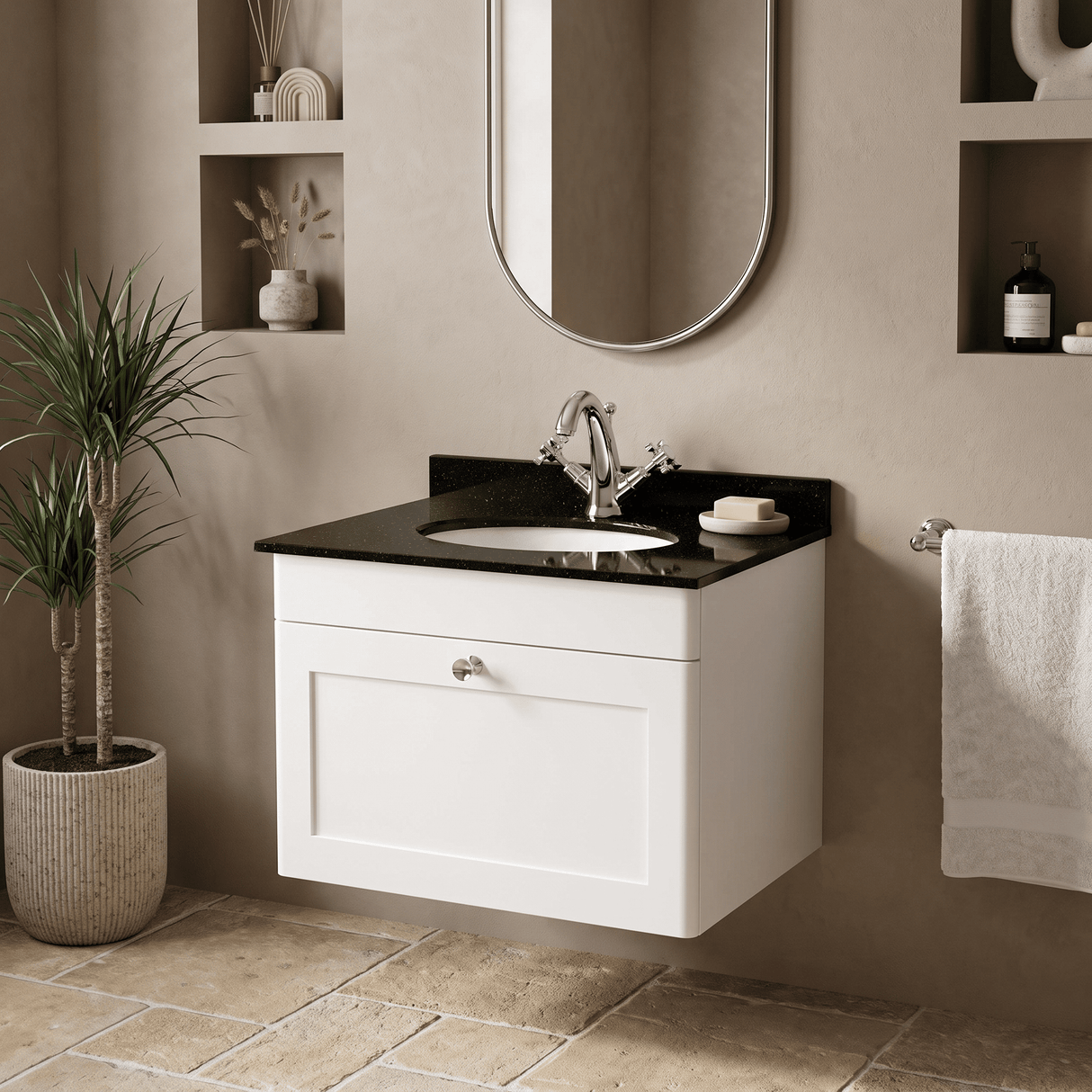 [BFCL194BR1] Swynnerton Traditional 1 Drawer Wall Hung Vanity Unit with Black Marble Worktop and 1 Tap Hole Basin, Choice of Size and Colour