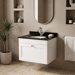 [BFCL194BR1] Swynnerton Traditional 1 Drawer Wall Hung Vanity Unit with Black Marble Worktop and 1 Tap Hole Basin, Choice of Size and Colour