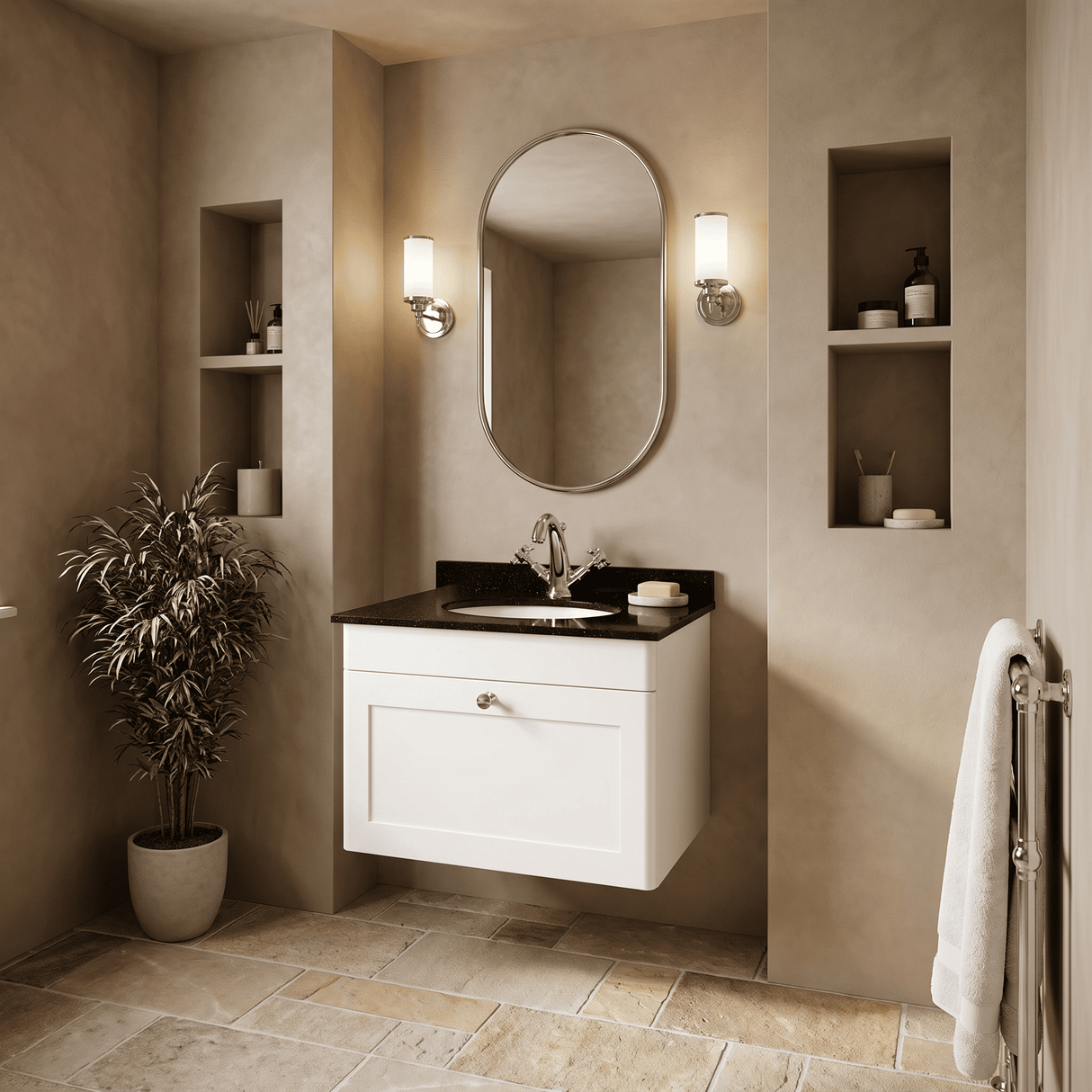 [BFCL194BR1] Swynnerton Traditional 1 Drawer Wall Hung Vanity Unit with Black Marble Worktop and 1 Tap Hole Basin, Choice of Size and Colour