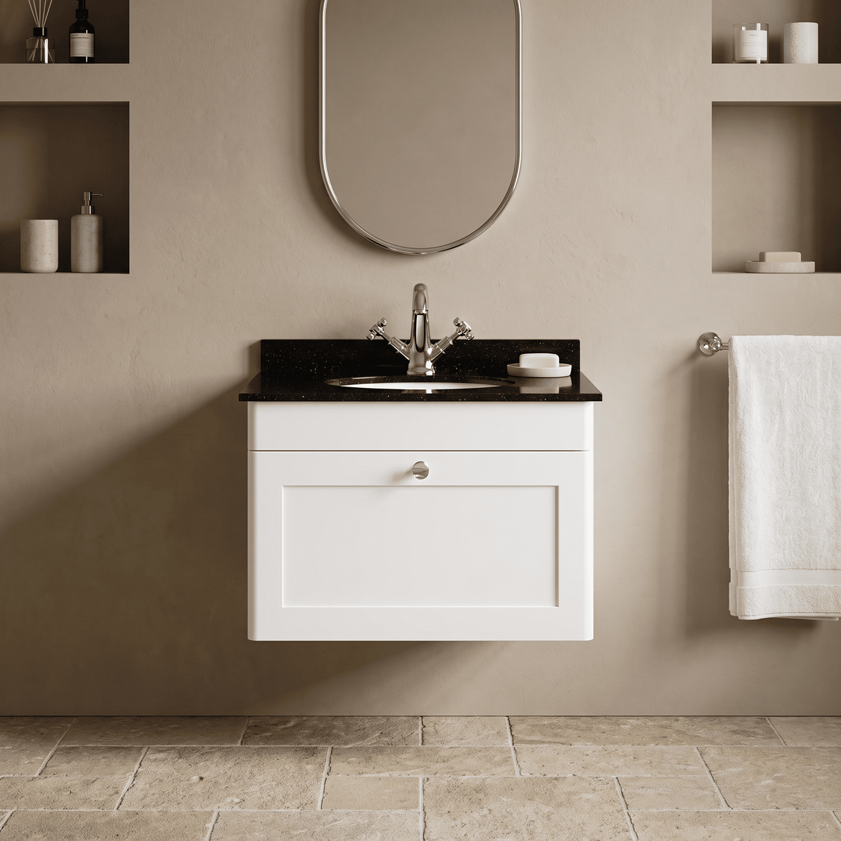 [BFCL194BR1] Swynnerton Traditional 1 Drawer Wall Hung Vanity Unit with Black Marble Worktop and 1 Tap Hole Basin, Choice of Size and Colour - Silo
