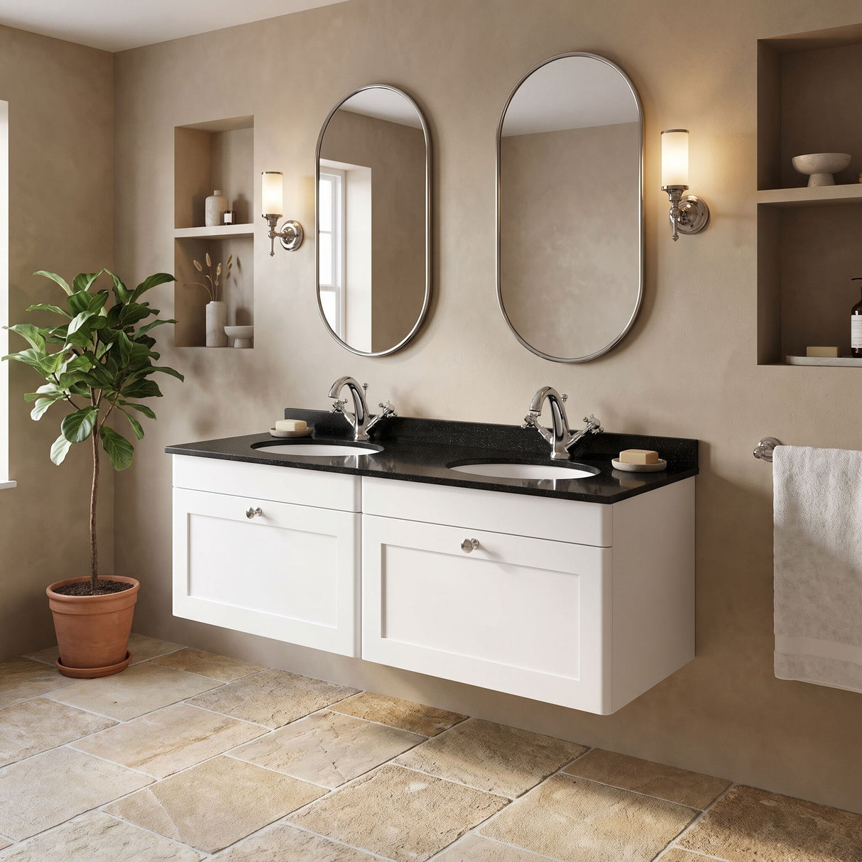 [BFCL194BR2] Swynnerton Traditional 2 Drawer Wall Hung Vanity Basin Unit with Double 1 Tap Hole Black Marble Worktop and Basin, 1200mm, Choice of Colour