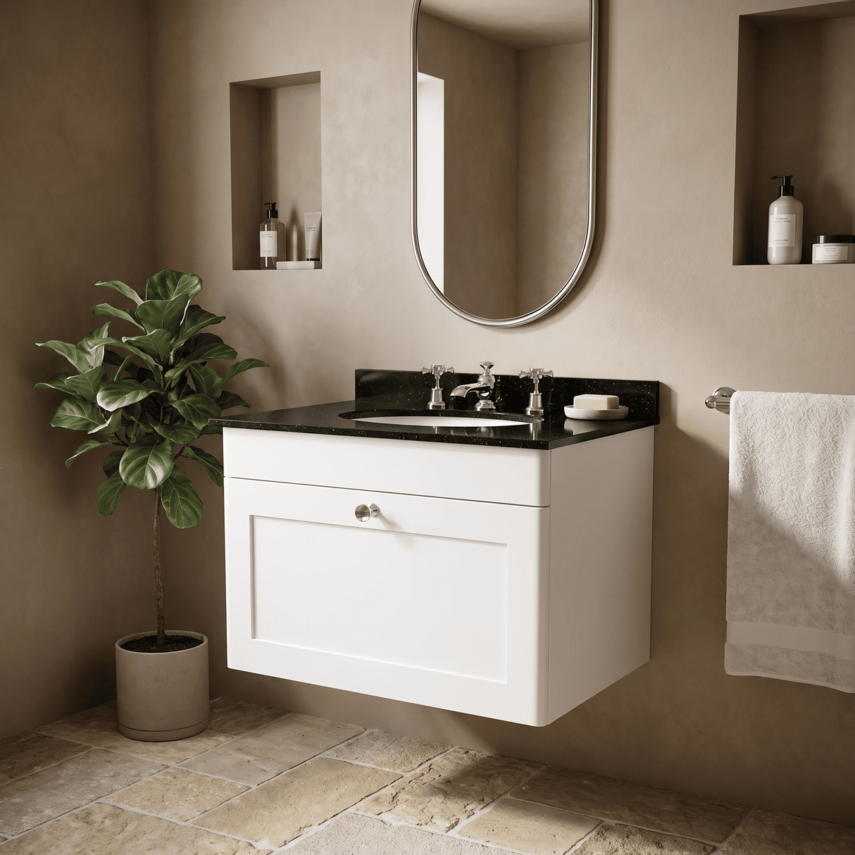 [BFCL194BR3] Swynnerton Traditional 1 Drawer Wall Hung Vanity Unit with Marble Basin - Choice of Size and Colour