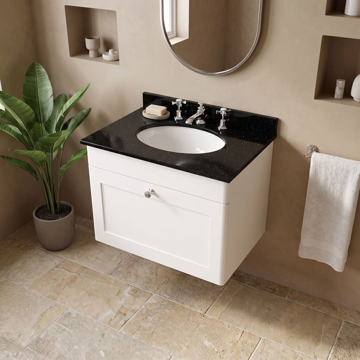[BFCL194BR3] Swynnerton Traditional 1 Drawer Wall Hung Vanity Unit with Marble Basin - Choice of Size and Colour