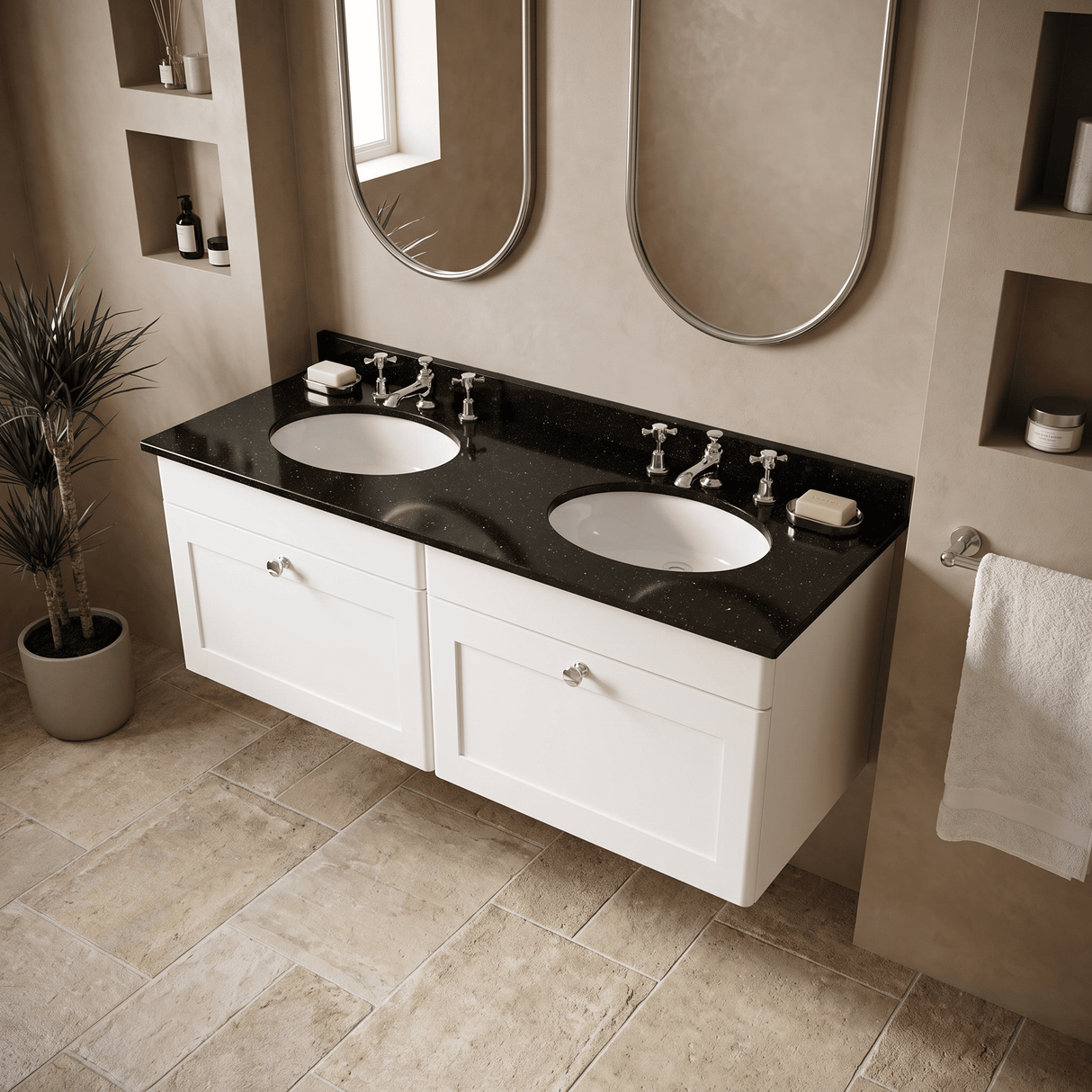 [BFCL194BR6] Swynnerton Traditional 2 Drawer Wall Hung Vanity Basin Unit with Double 3 Tap Hole Black Marble Worktop and Basin, 1200mm, Choice of Colour