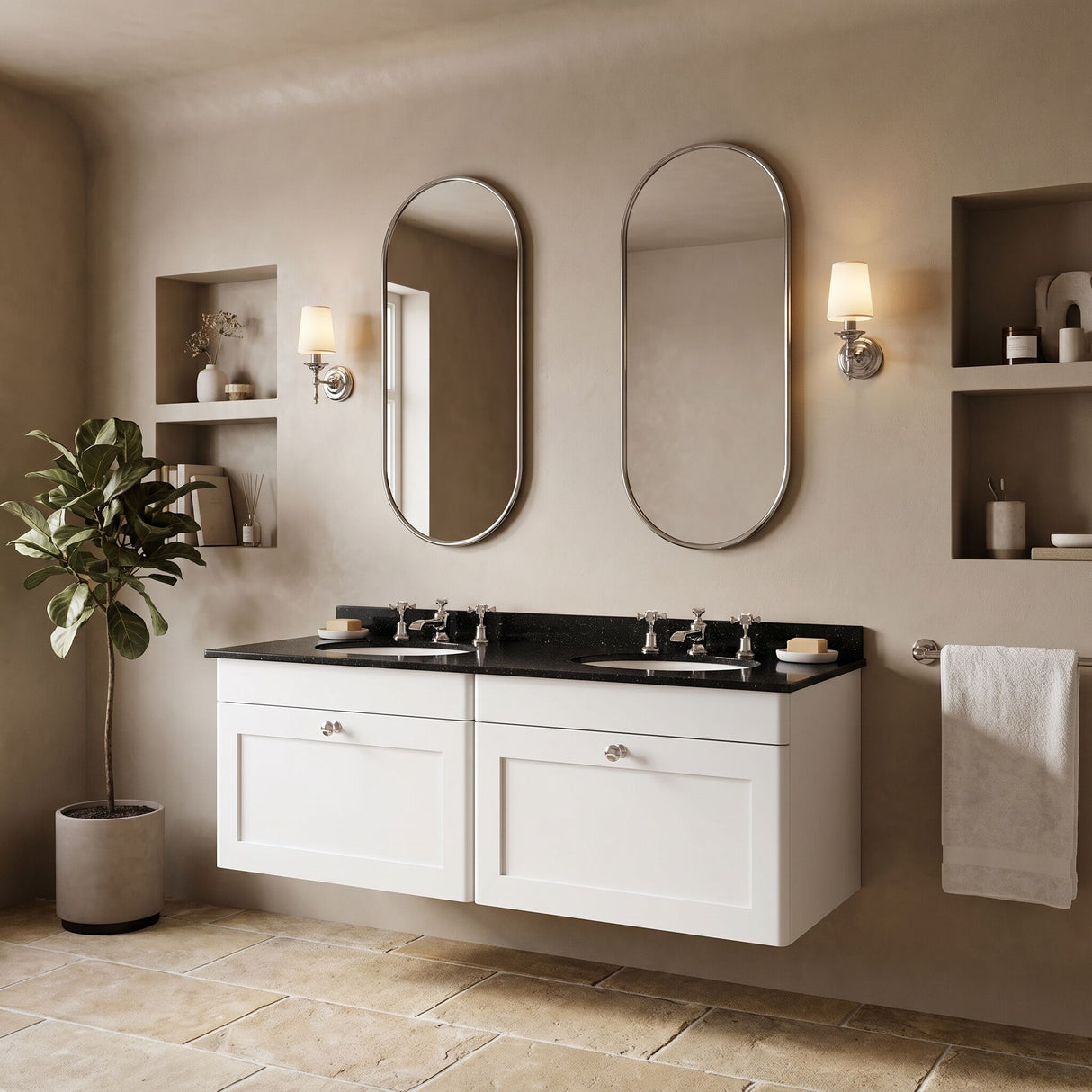 [BFCL194BR6] Swynnerton Traditional 2 Drawer Wall Hung Vanity Basin Unit with Double 3 Tap Hole Black Marble Worktop and Basin, 1200mm, Choice of Colour