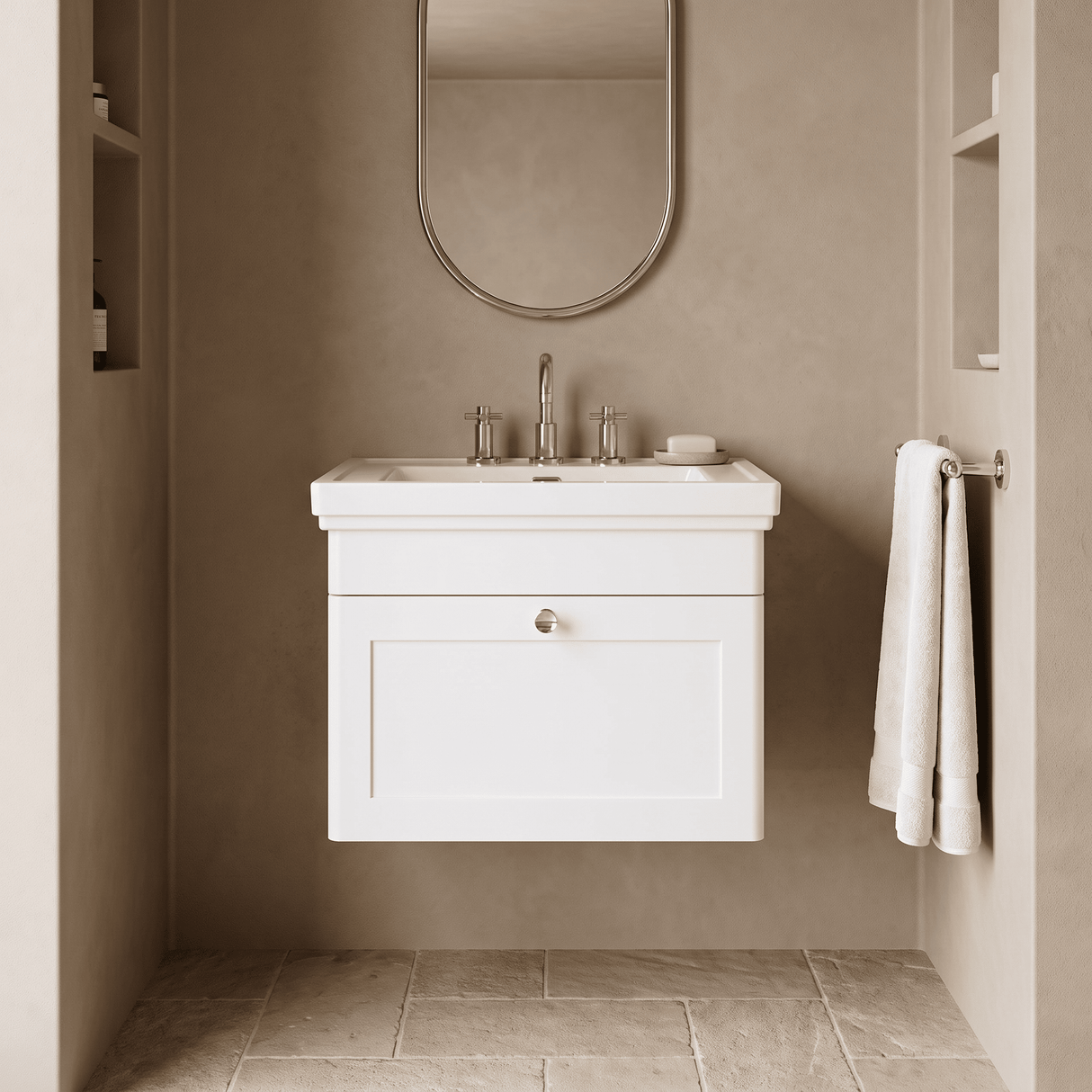 [BFCL194B] Swynnerton Traditional 1 Drawer Wall Hung Vanity Basin Unit with 3 Tap Hole Traditional Fireclay Basin, Choice of Size and Colour - Silo