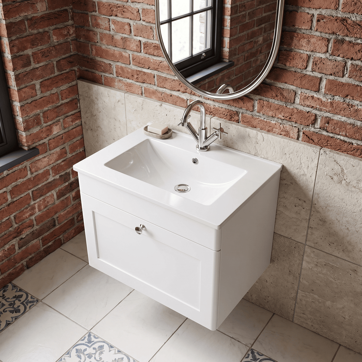 [BFCL194C] Swynnerton Traditional 1 Drawer Wall Hung Vanity Basin Unit with 1 Tap Hole Minimalist Ceramic Basin, Choice of Size and Colour