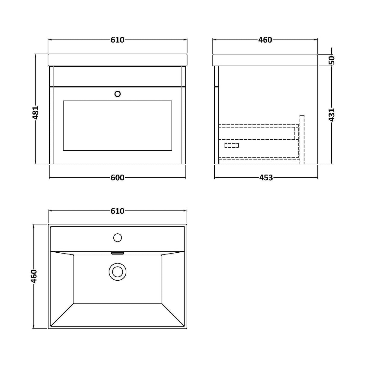 [BFCL194E] Swynnerton Traditional 1 Drawer Wall Hung Vanity Unit with Thin Edge Basin, Choice of Size and Colour - Technical Drawing