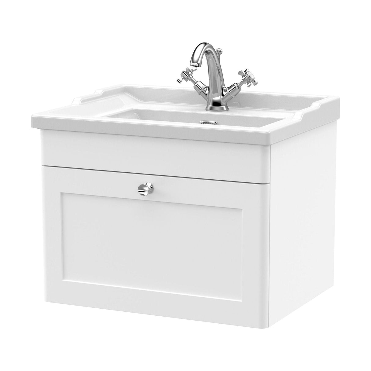 [BFCL194F] Swynnerton Traditional 1 Drawer Wall Hung Vanity Unit with Basin, Satin White, 600mm - Cutout