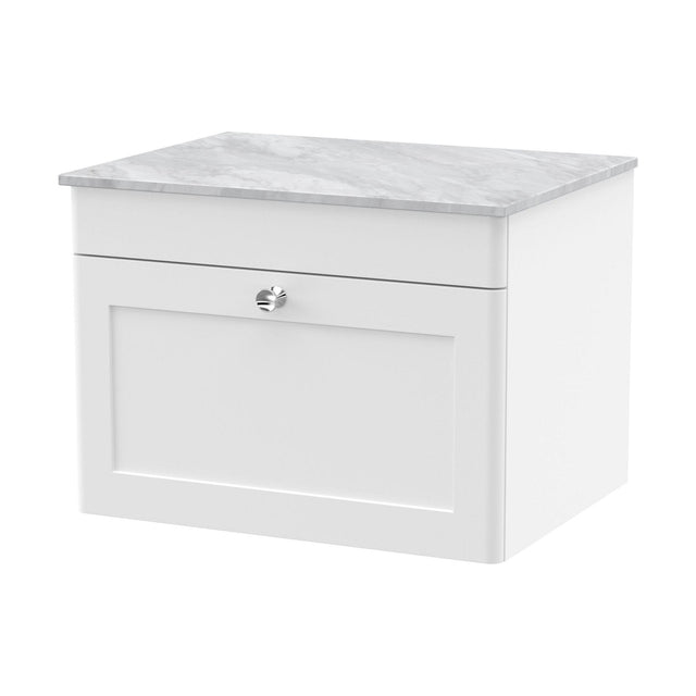 [BFCL194GMT] Swynnerton Traditional 1 Drawer Wall Hung Vanity Unit with Marble Top, Satin White, 600mm - Cutout