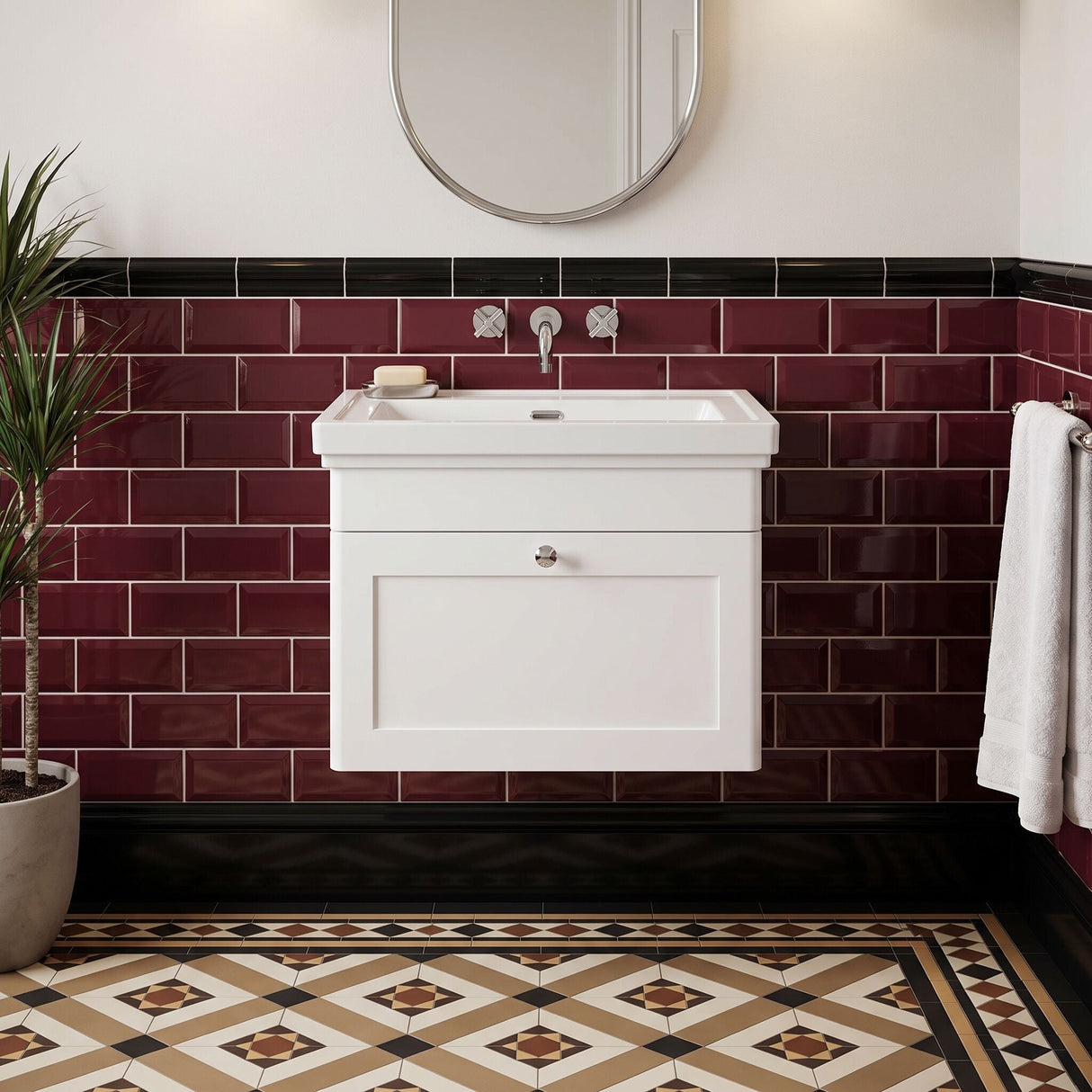[BFCL194H] Swynnerton Traditional 1 Drawer Wall Hung Vanity Unit with 0 Tap Hole Traditional Fireclay Basin, Choice of Size and Colour - Silo