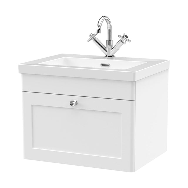 [BFCL194L] Swynnerton Traditional 1 Drawer Wall Hung Vanity Unit with Fireclay Basin, Satin White, 600mm - Cutout